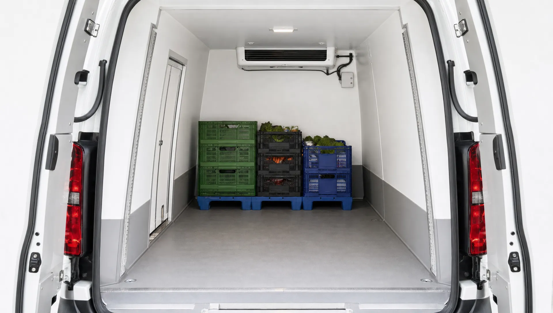 Een geïsoleerde laadruimte van een bestelbus van binnen, met koelunit, kratten en open ruimte rondom de lading zodat de lucht goed kan circuleren voor betrouwbaar geconditioneerd transport.