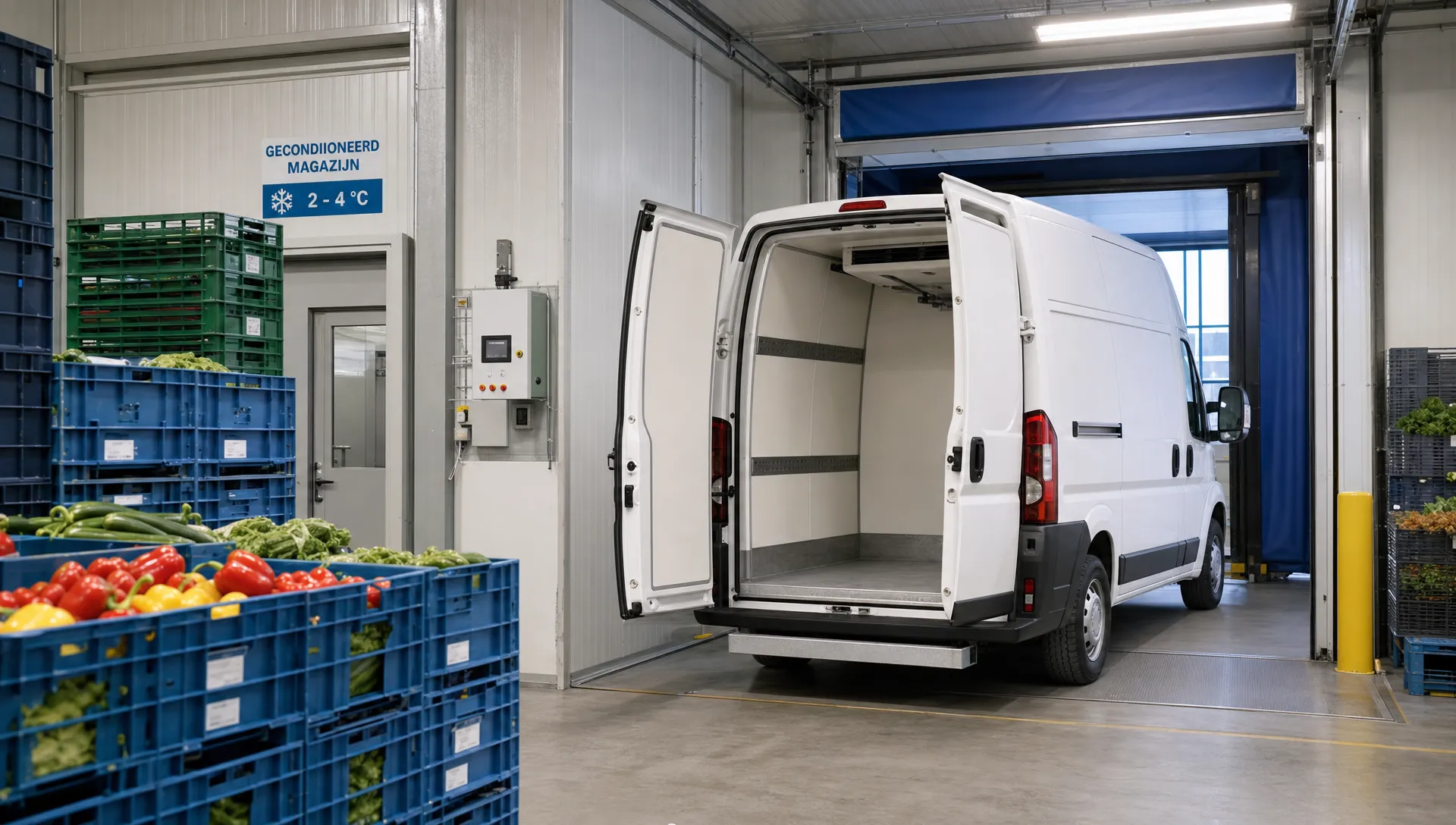Een witte middelgrote koelbestelwagen staat in een koel magazijn bij een laadperron, met de achterdeuren open en lege geïsoleerde laadruimte zichtbaar terwijl kratten met verse producten klaarstaan voor geconditioneerd transport.