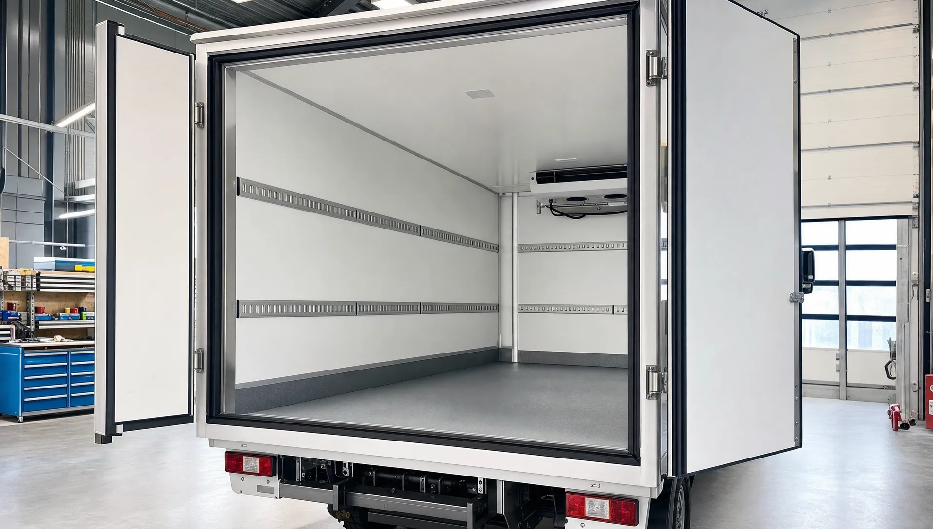 Een geïsoleerde laadruimte van een koelwagen in opbouw, met strak afgewerkte wanden, vloer en deurafdichtingen, gezien schuin van achteren in een werkplaats, met ruimte voor een koelunit en afwerking voor professioneel geconditioneerd transport.