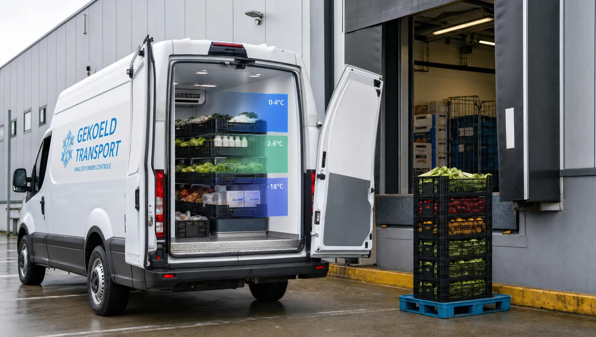 Een gekoelde bestelwagen staat bij een laadperron met kratten, een open laadruimte en zichtbare temperatuurzones voor gekoeld transport.