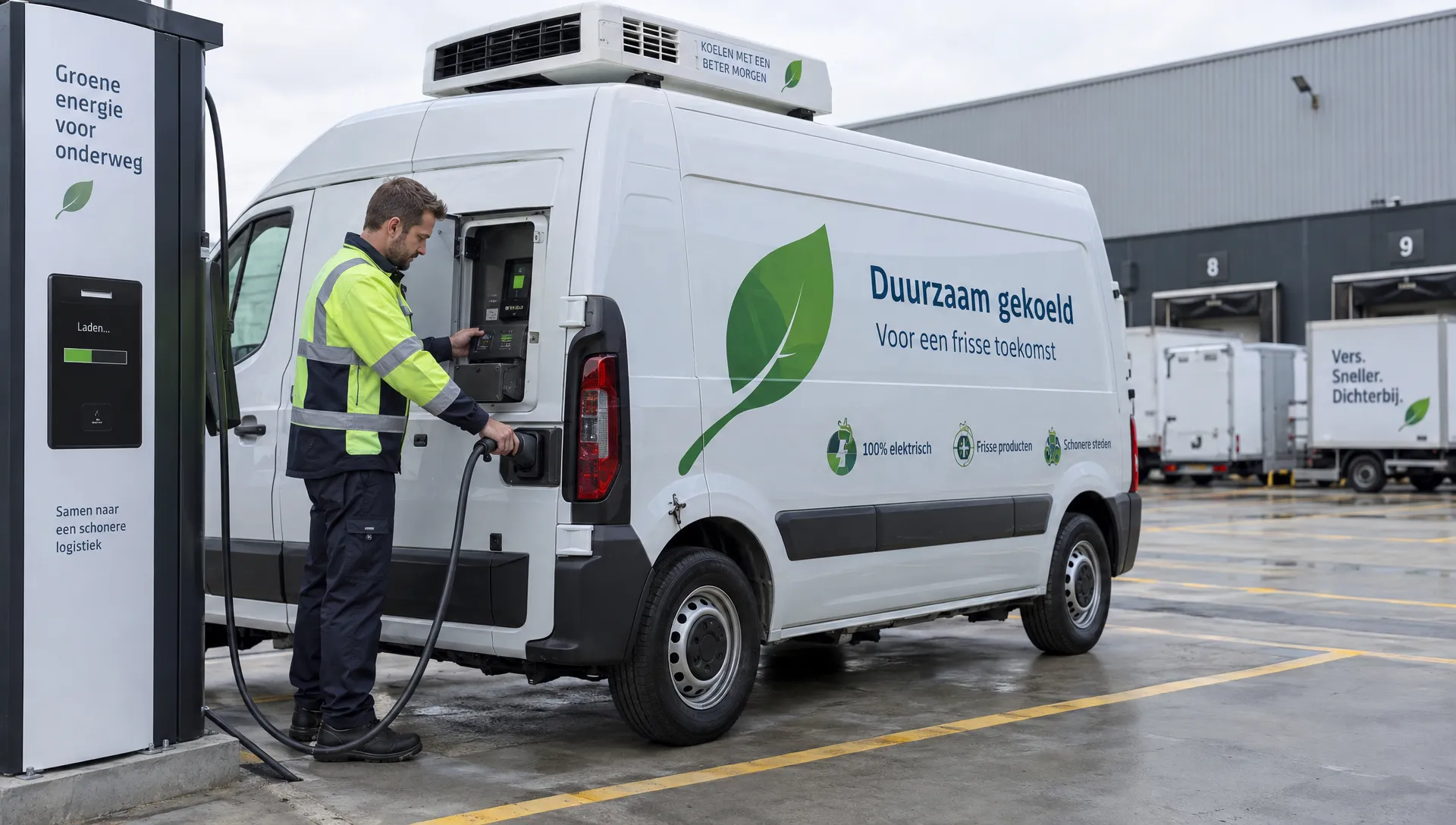 Een medewerker controleert de aansluiting van een koelbestelwagen op het depot voordat de laadplanning voor elektrisch koelen begint.
