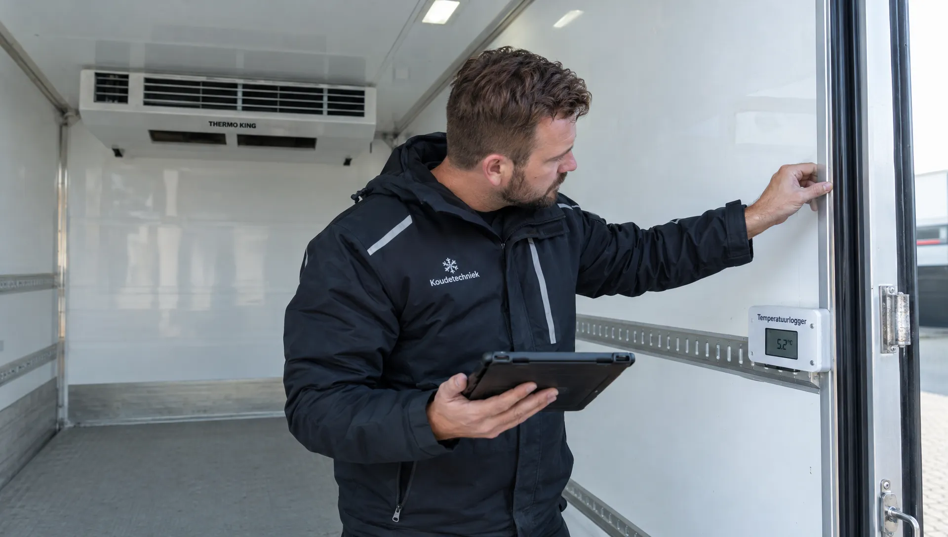 Een technicus inspecteert de deurrubbers en naden van een lege geïsoleerde laadruimte en controleert temperatuurloggers op afstand van de uitblaaslucht.