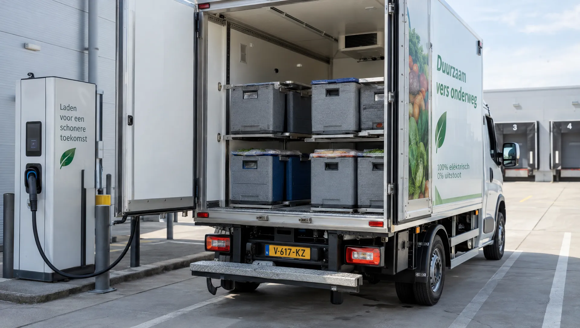 Een elektrische koelwagen staat aan een depotlaadpunt met de laadruimte open; de geïsoleerde kratten zijn zo geplaatst dat lucht rond de lading kan circuleren.