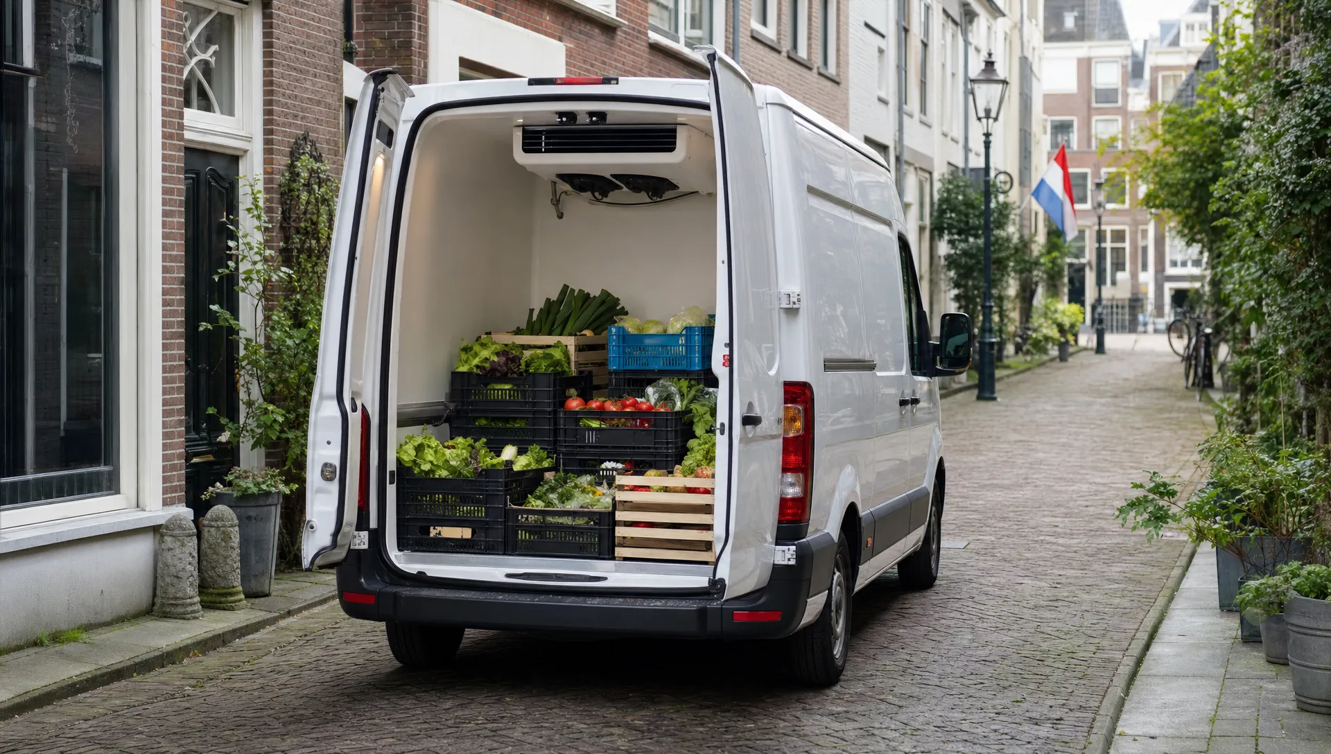 Een gekoelde bestelbus staat in een smalle stadsstraat met kratten verse producten in de laadruimte en een compacte koelunit zichtbaar bij de opening.