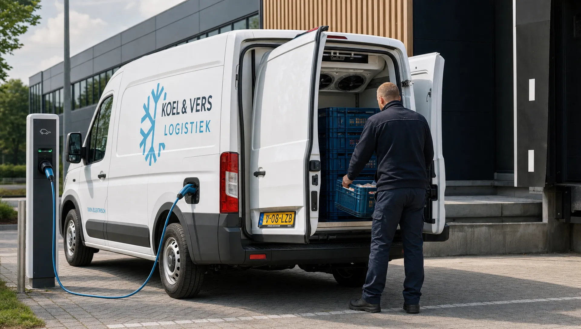 Een elektrische koelbestelwagen staat bij een laadpunt terwijl gekoelde kratten via de achterdeuren worden geladen.