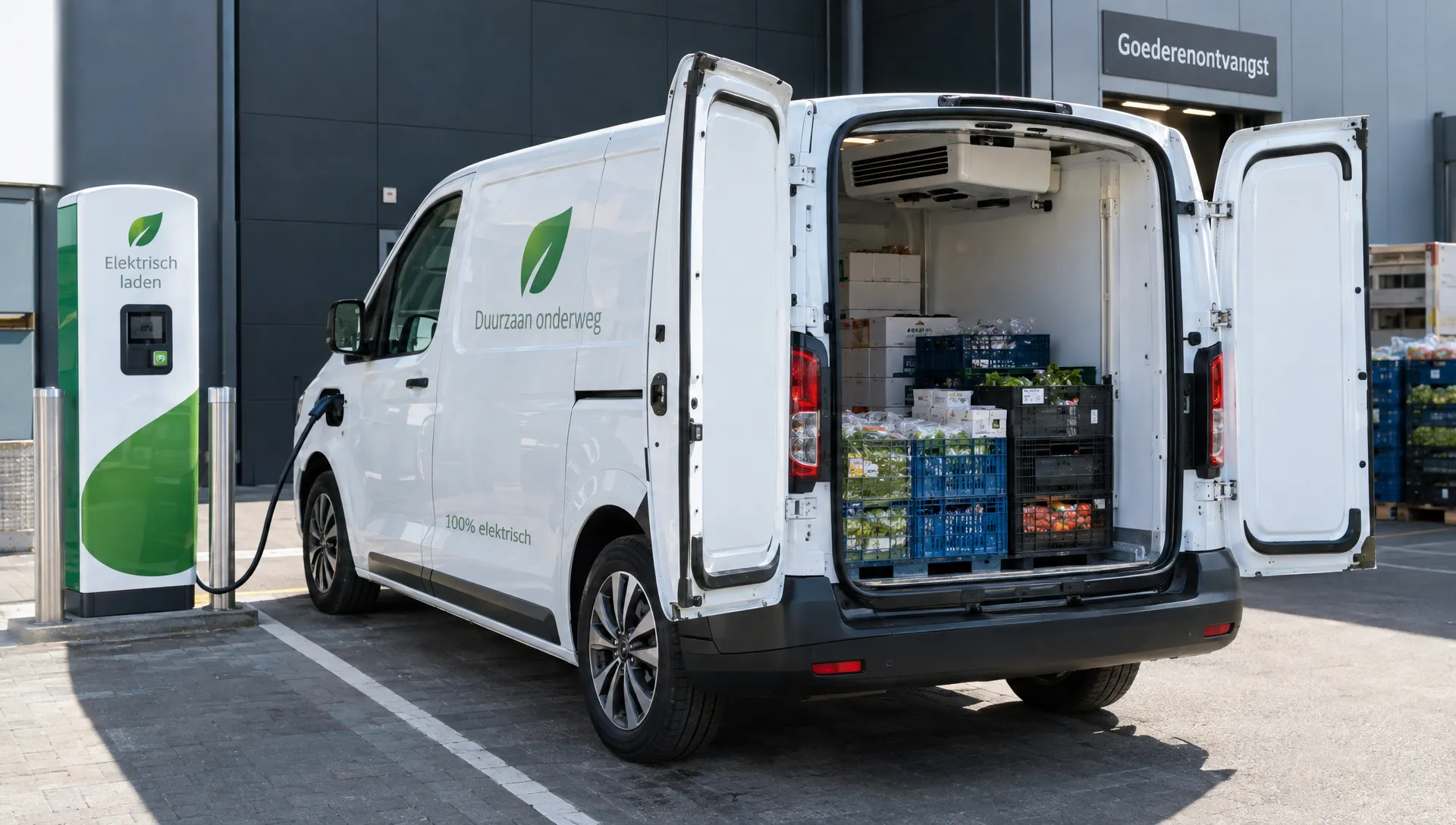 Een elektrische bedrijfsbus staat tijdens stilstand aangesloten op een laadpunt, met achterdeuren open op de geïsoleerde laadruimte en de gekoelde transportkratten.