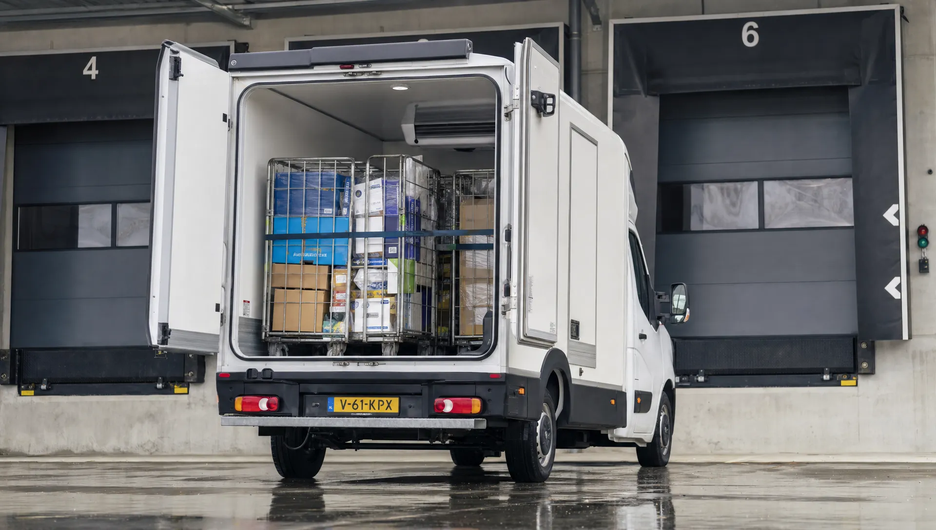 Een Renault Master koelwagen staat bij een laadperron met geopende achterdeuren en volle rolcontainers voor vertrek.