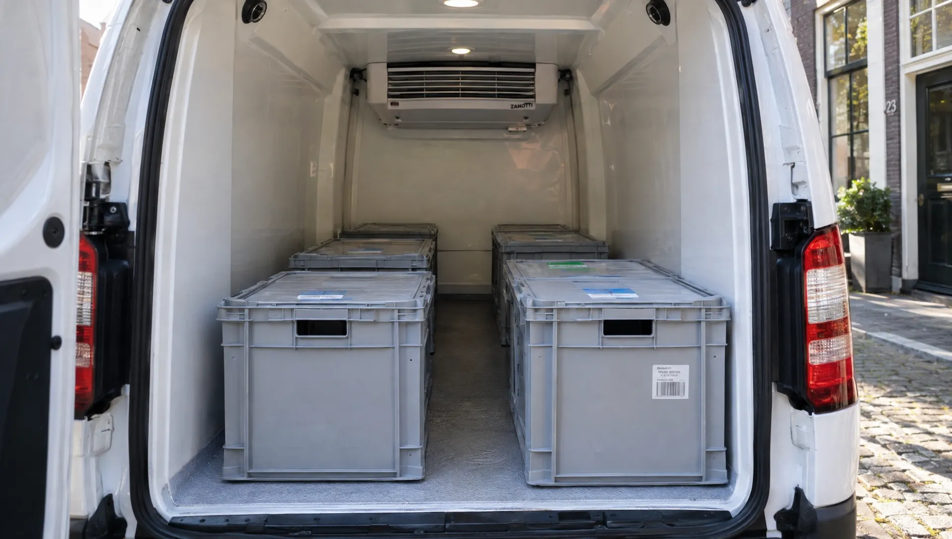 Vanuit de laadruimte gezien staan afgesloten transportkratten in aflevervolgorde in een Caddy koelwagen bij een stadsadres, met vrije ruimte voor luchtcirculatie en de koelverdamper bovenin.