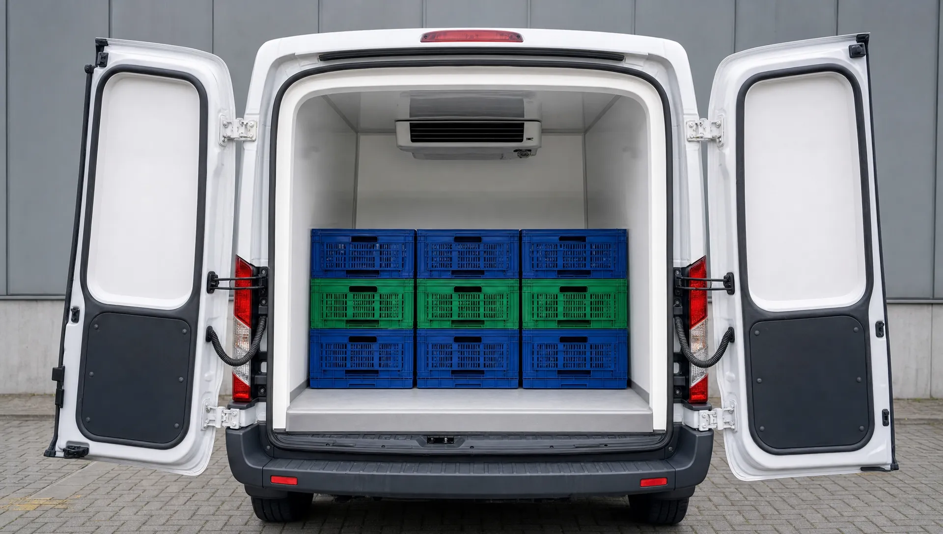 Een geïsoleerde koelbestelbus met open achterdeuren en overzichtelijk geplaatste kratten laat zien hoeveel bruikbare ruimte na koelombouw overblijft.