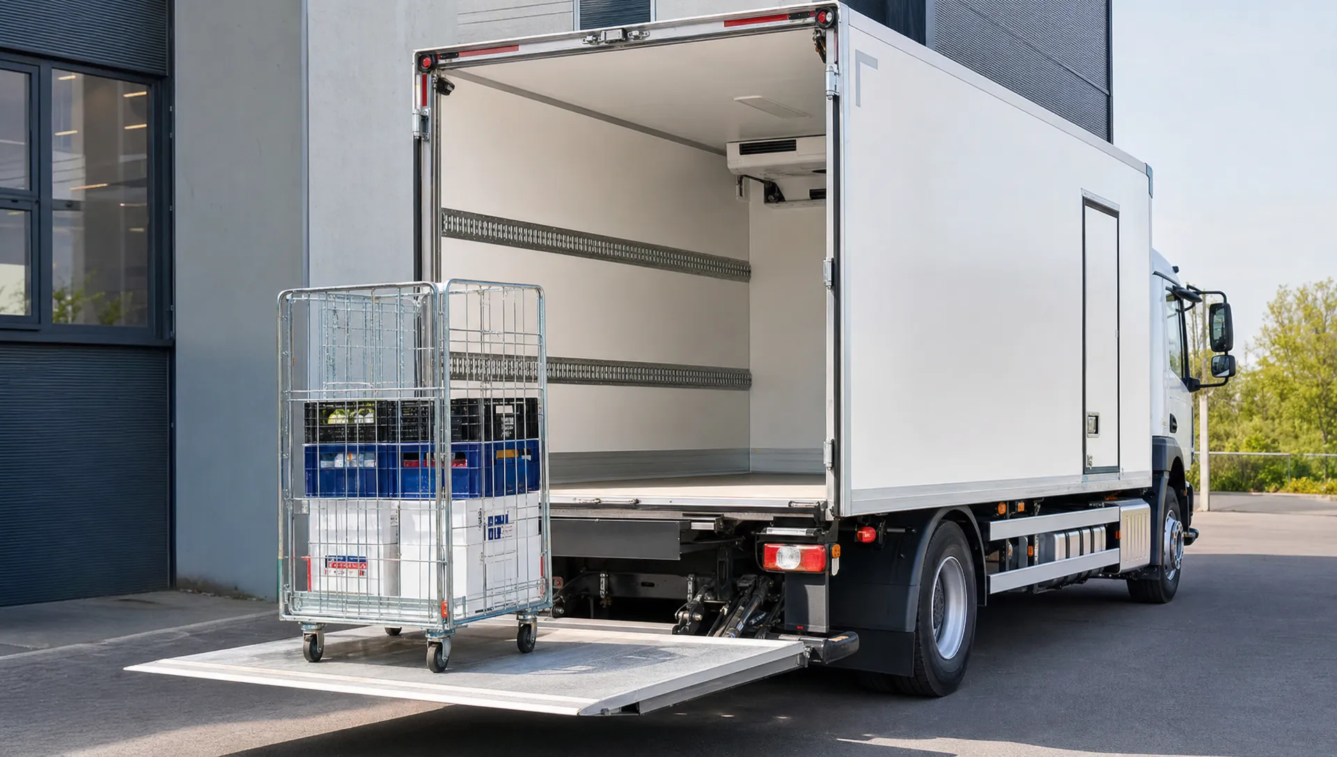Een gekoelde bakwagen met neergelaten laadklep bij een afleverlocatie, met een rolcontainer op de platformklep en een nette geïsoleerde laadruimte erachter.