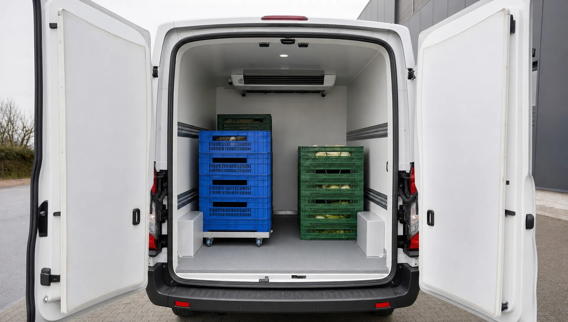 Een open laadruimte van een bestelbus met zicht op isolatiewanden, antislipvloer, verdamper aan het plafond en gestapelde kratten voor geconditioneerd transport.