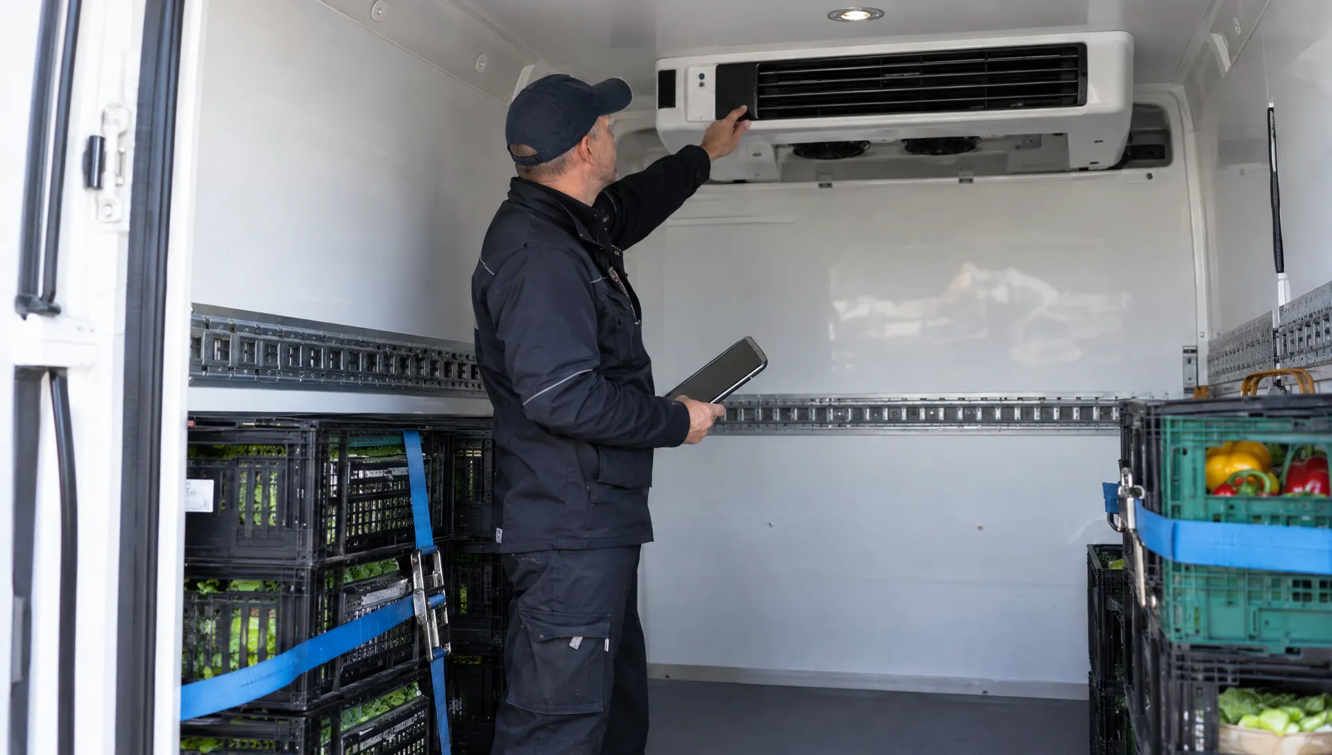 Een monteur controleert vanuit de laadruimte de elektrische koelinstallatie, met vastgezette transportkratten en vrije ruimte rond de luchtuitlaten.