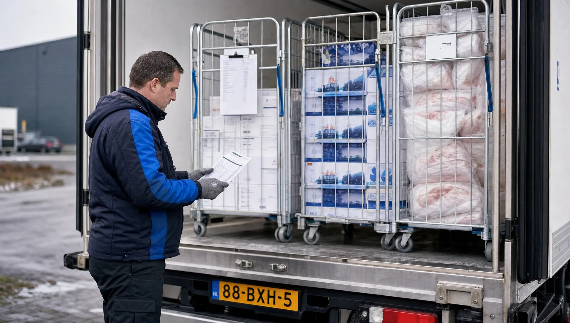 Een chauffeur controleert diepvriesproducten op rolcontainers bij de open laadruimte van een vrieswagen.