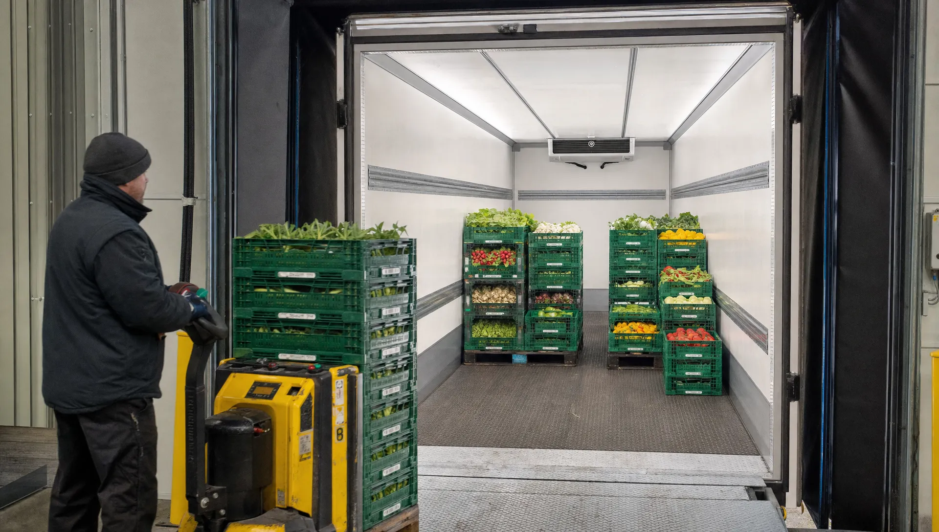 Kratten met verse producten worden geladen in een gekoelde laadbak bij een laadperron, met zicht op de indeling en isolatie.