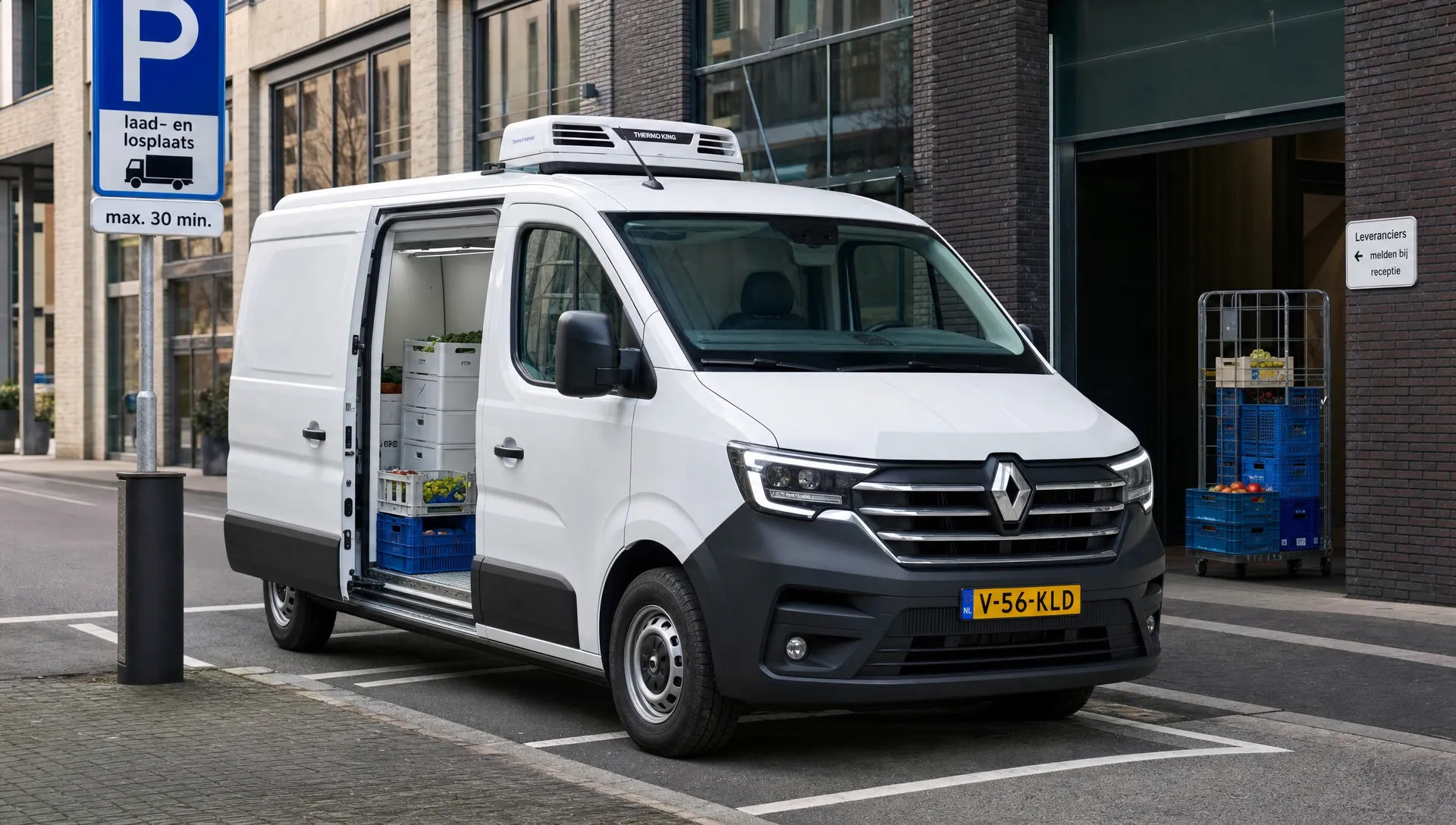 Een witte Renault Trafic koelwagen staat bij een stadslaadzone met open zijdeur en gekoelde kratten klaar voor aflevering.