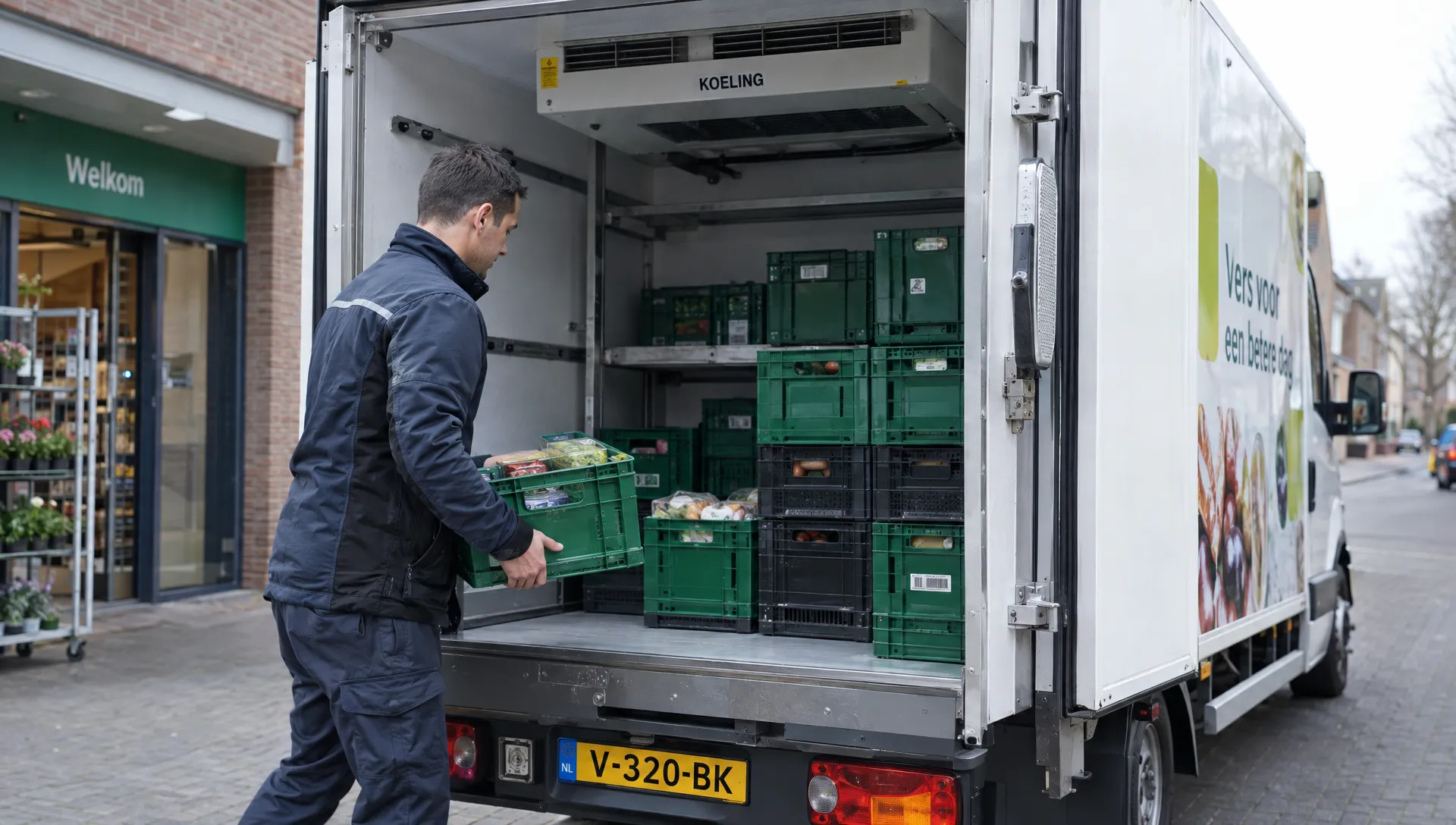 Een chauffeur haalt bij een afleverstop een bestelling uit de achterzijde van een koelwagen; transportkratten staan geordend onder de vrije ruimte bij de koelunit.