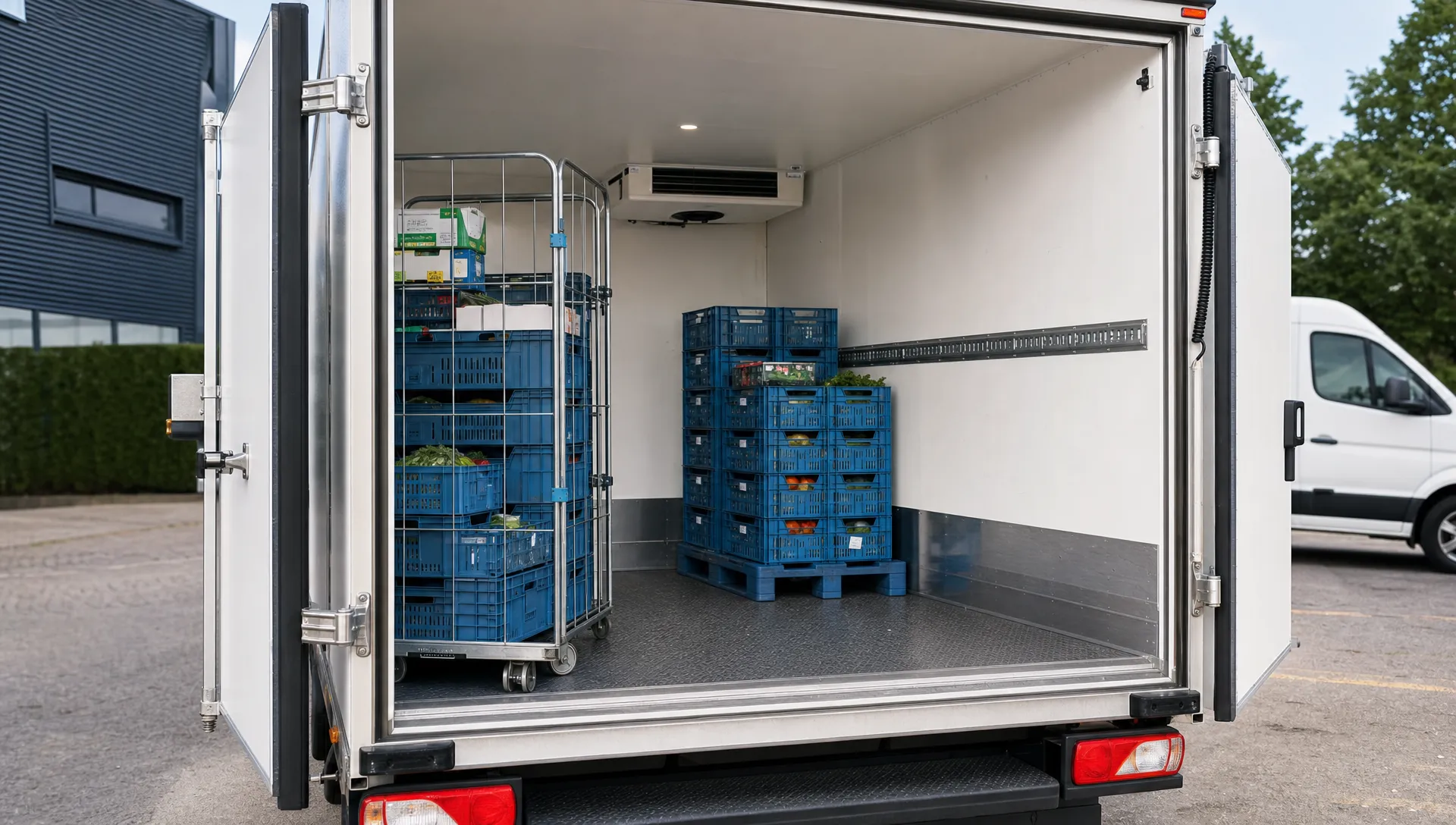 Een geopende gekoelde camionette met een geïsoleerde laadbak, antislipvloer en nette wandafwerking, gezien schuin van achteren zodat de indeling voor kratten en rolcontainers goed zichtbaar is. De laadruimte oogt schoon en praktisch, met nadruk op gebruiksgemak en temperatuurbehoud.