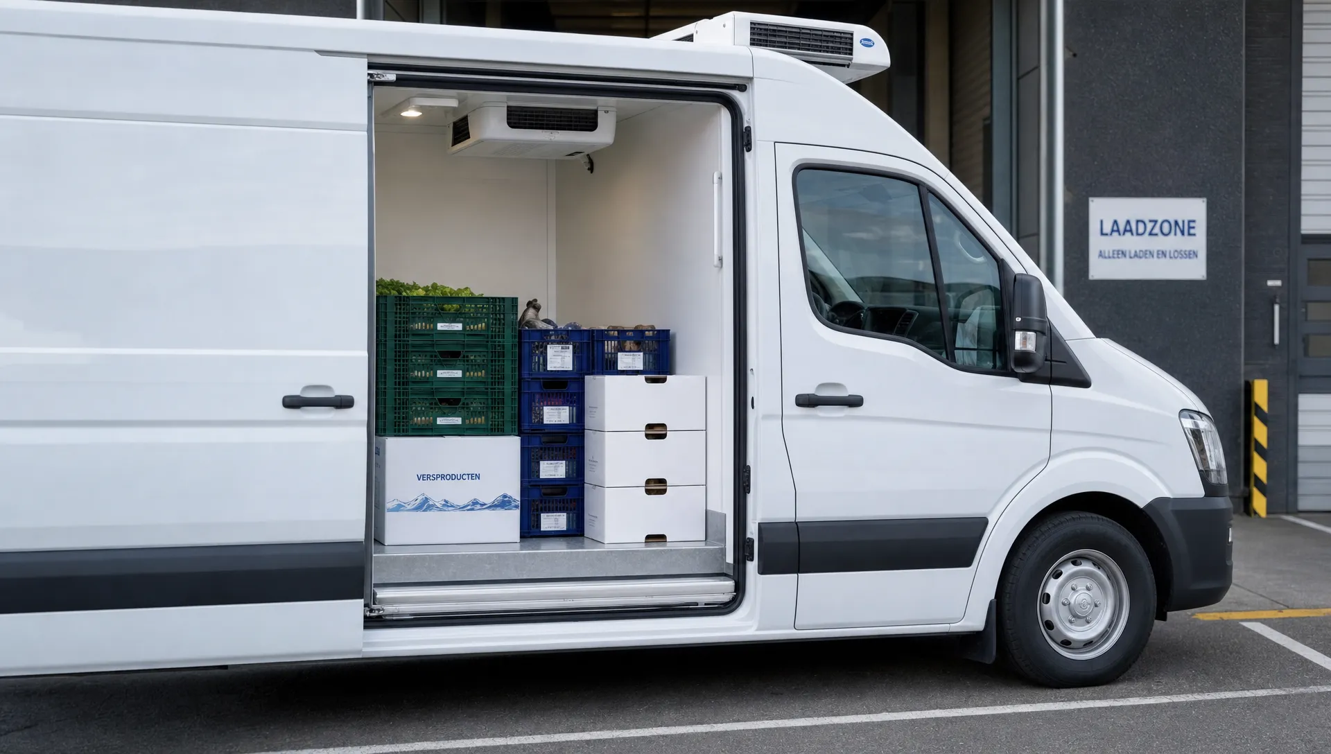 Een koelbestelwagen staat met open zijdeur bij een laadzone, met zicht op een nette geïsoleerde laadruimte voor gekoelde kratten en dozen.