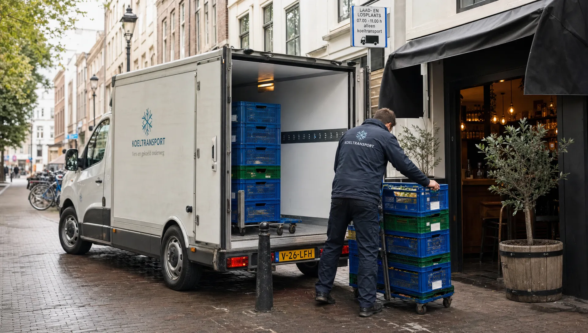 Een compacte koelwagen staat bij een laadzone in de binnenstad terwijl gekoelde kratten snel worden gelost voor een horecazaak.